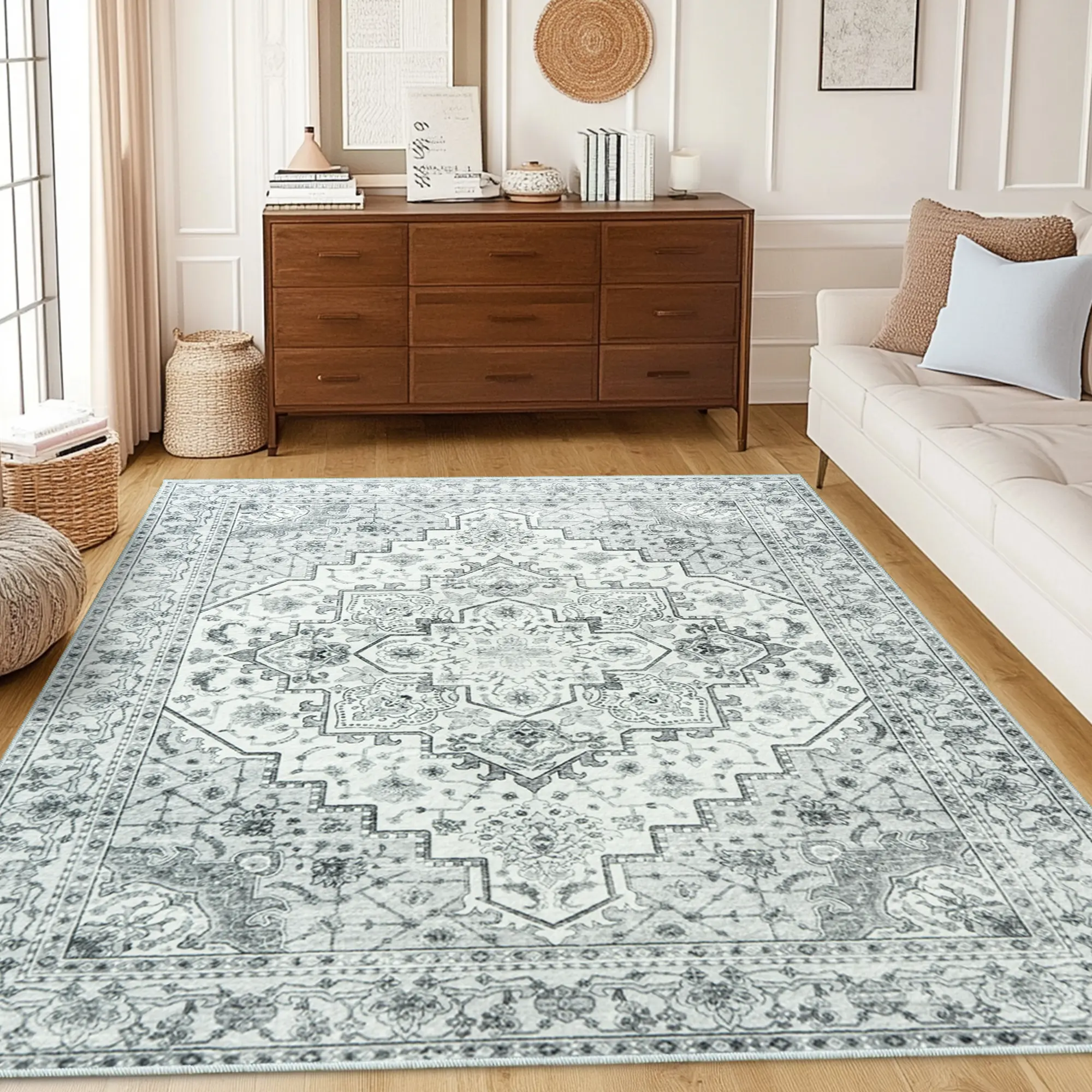 【Back to School】【Moving Season】EIKIONE Bohemian Distressed Rug Non-Toxic Soft Anti-Slip 5x7-10x14 Waterproof Stain-Resistant Easy Clean Geometric Boho Decor for Bedroom Living Room Nook US Fast Shipping