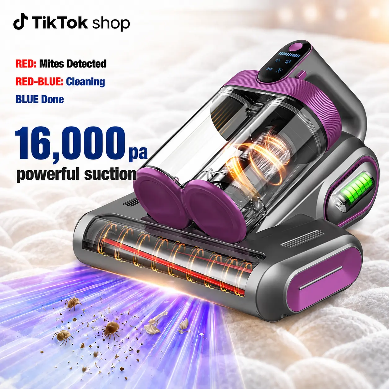 Cordless Mattress Vacuum Cleaner, 16Kpa Deep Clean Bed Vac with 80000 RPM Tapping, UV-C Light & Ultrasonic, Dual HEPA Dust Cup for Sofa, Crib and Pet Hair