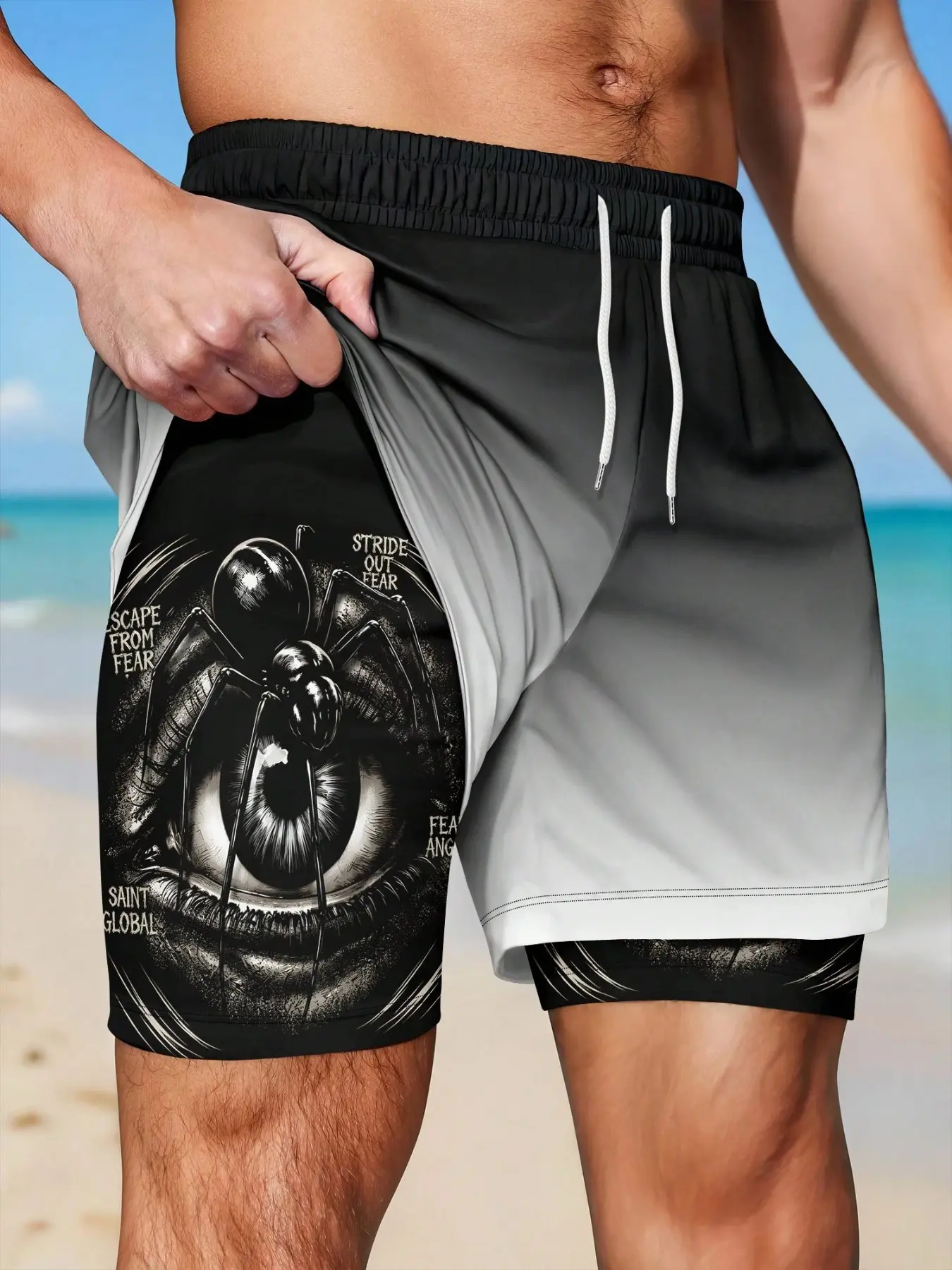 Men's Gradient Spider Eye Print Swim Trunks, Loose-Fit Sporty Beachwear, All-Seasons Two-In-One Swimsuit with Lining, Summer Swim Trunks
