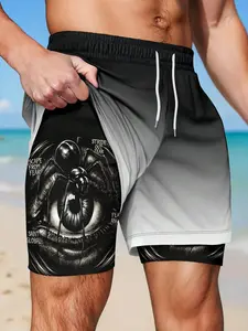 Men's Gradient Spider Eye Print Swim Trunks, Loose-Fit Sporty Beachwear, All-Seasons Two-In-One Swimsuit with Lining, Summer Swim Trunks