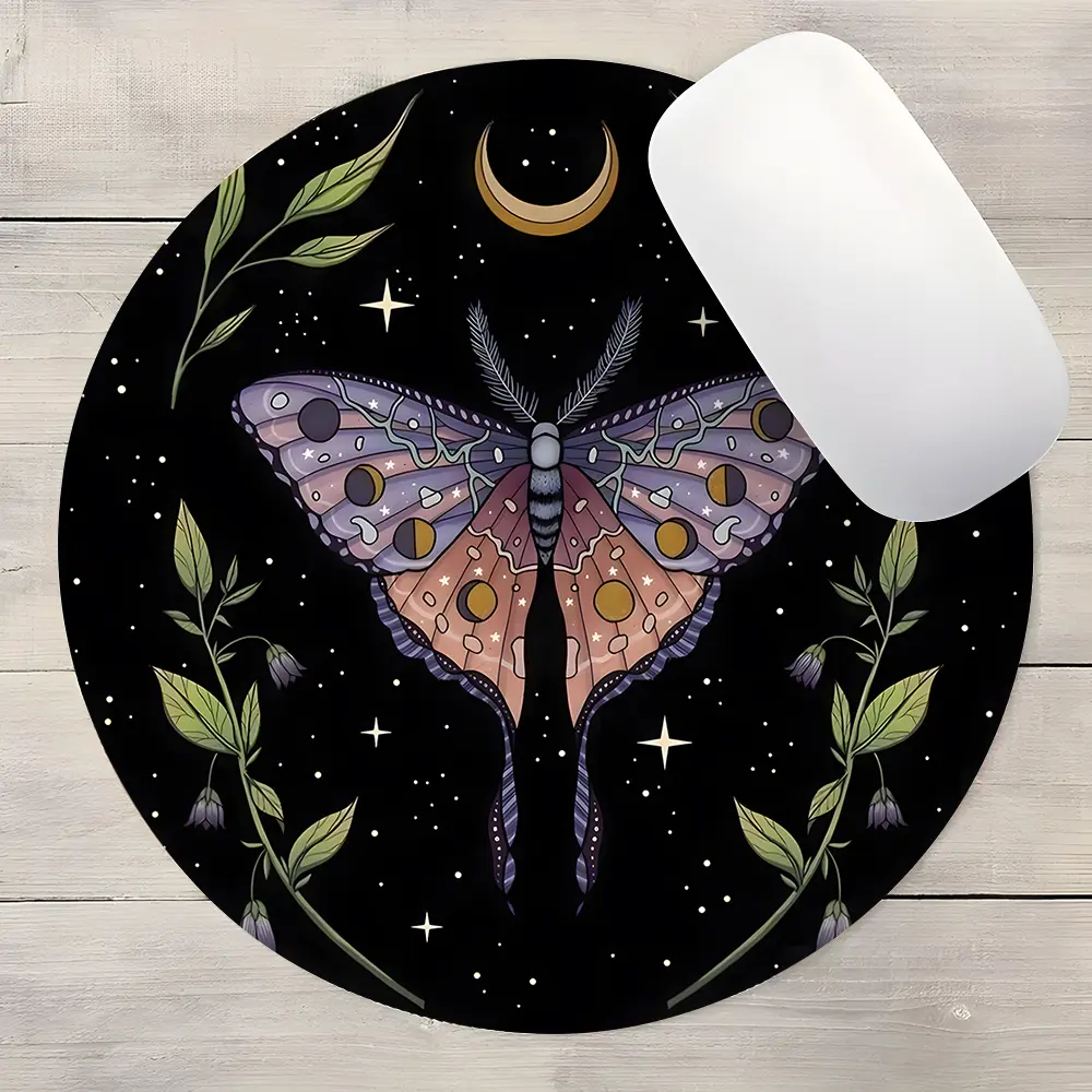 Boho Mystical Celestial Design Round Gaming Mouse Pad, Aesthetic Desktop Decorative Protective Pad, Rubber Anti-slip Lockedge Work Pad, Small Size Suitable for Laptop, Desktop Computer Games, Work, Family