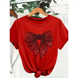 Women's 1pc Red Sequin Bow Print Chic Loose Short Sleeve Tshirt - Round Neck Fabric Top with Sparkling Accent, Machine Washable Regular Fit, Versatile for Everyday & Party Wear, Elegant Layering for Coat Pairing