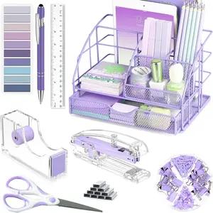 Purple Desk Organizers and Accessories with Mesh Desk Organizer, Tape Dispenser, Stapler, Ruler, , Clips Set & Sticky Labels