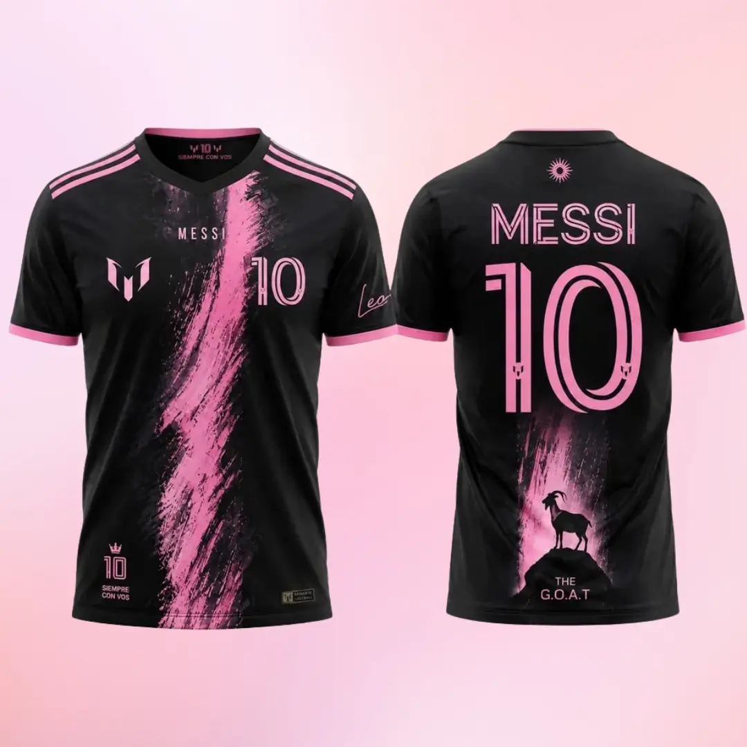M#10 GOAT Black & Pink Soccer Jersey, Unisex Football Shirt, Messi Fan Jersey, Soccer Gift, Football Supporter Outfit