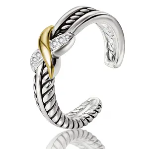 Ryqen Two-Tone X Crossover Ring Black & Silver Textured Cable with Gold Accent Adjustable Band for Stylish Wear Christmas Gift