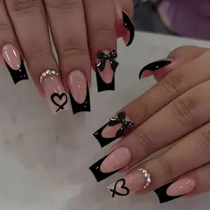 Black French Tip Press on Nails Medium Square Fake Nails 3D Bow Rhinestone Heart Design Stick on Nails Valentines False Nails Handmade Acrylic Glue on Nail for Women Nail Art Decoration 24Pcs