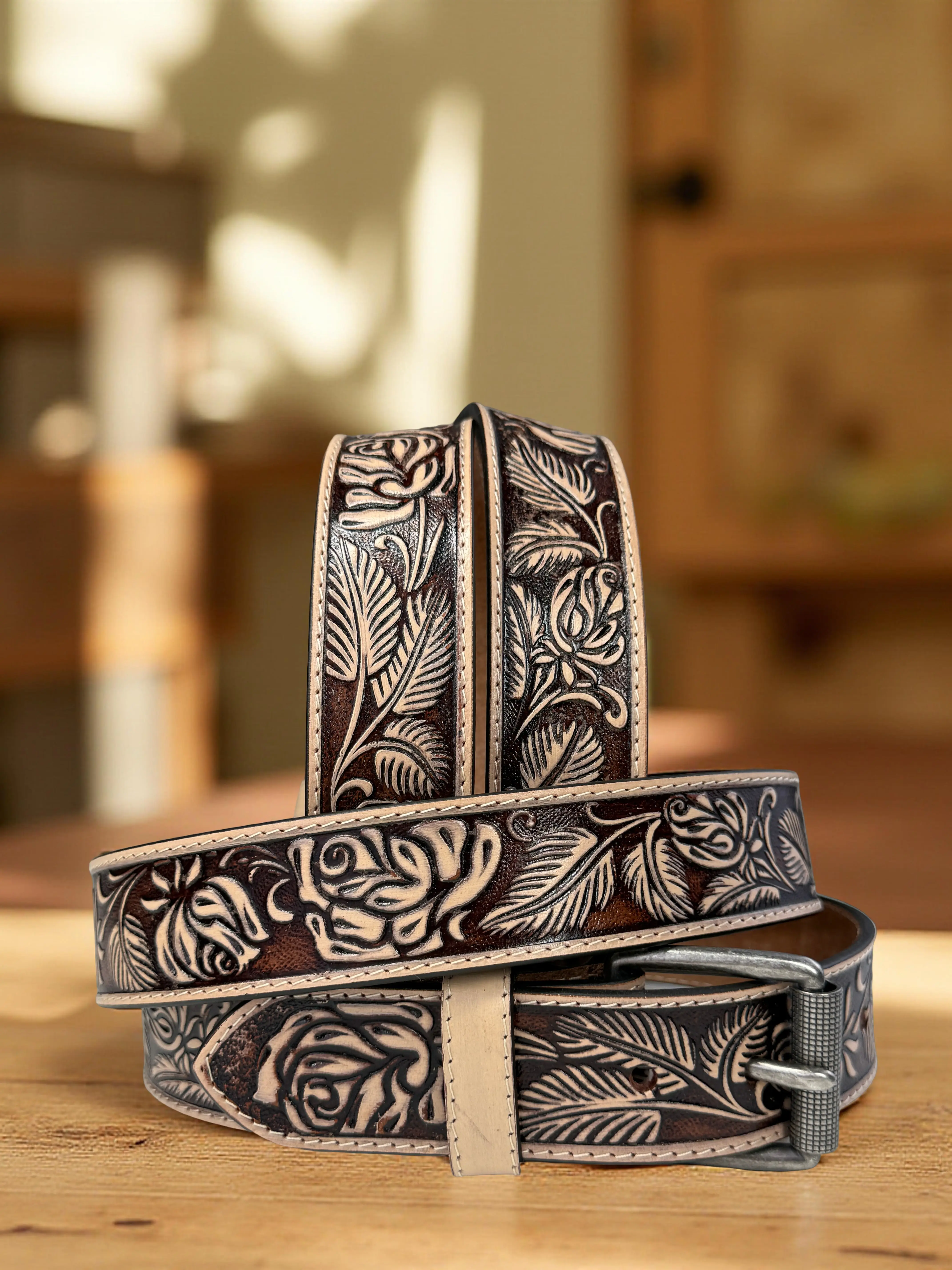 Women's belt, Tooled Western Floral Engraved Leather Belt 100% Genuine Full Grain Cowhide Engraved Genuine Leather Cowboy Belt