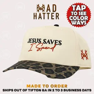 Jesus Saves I Spend Trucker Hat Snapback Adjustable (Up To Size 8 Head)