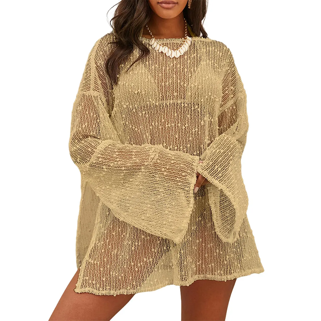Hixiaohe Sexy Crochet Sheer Kaftan Caftan Beach Dress Bathing Suit Swim Coverup One Piece
