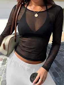 2026 New Black Sheer Mesh Long Sleeve Top, Stretchy See-Through Slim Fit Round Neck Casual T-Shirt, Soft Streetwear Y2K Layering Blouse for Women, Daily Summer Aesthetic & Quiet Luxury Fashion, Breathable Comfortable All-Match Sheer Dressing Outfit