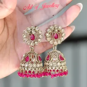 Lotus Bollywood Lightweight Jhumka Earrings with Stones and Beads for Festive Wear