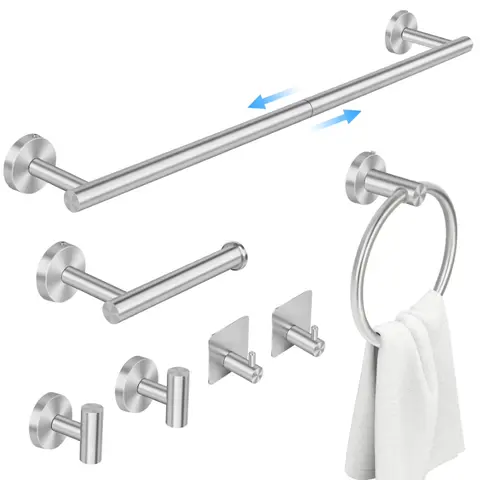 PHANCIR 7 Pcs Hardware Set for Bathroom, Stainless Steel Accessories, Includes 24" Towel Bar, Toilet Paper Holder, Towel Ring, Robe Hooks, Wall Mounted Bathroom Towel Rack Set, Nickel-Silver