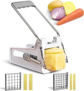 ANJUKE French Fry Cutter with 2 Stainless Steel Blades | Potato Cutter for Slicing Potatoes, Carrots, Cucumbers & Onions | Non-Slip Base, Durable Plastic Design | Grey & White Kitchen Gadget