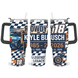 Kyle Busch Memorial Tumbler, 40oz Rowdy 18 Stainless Steel Travel Mug With White Handle Straw, NASCAR Racing Car Champion Fan Gift, A Legend's Legacy In Loving Memory Tribute Cup, 1985 - 2026 RIP Insulated Coffee Mug