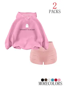 Women's Fall Winter Hooded Drawstring Fitted Sweatshirt Tops Set, Cute Ghost Letter Print, Fashionable Pocket Design, Casual Campus Style