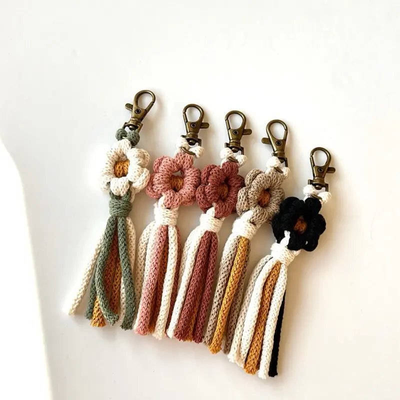 Daisy Macrame Keychain Boho Bag Charm Handmade 5" Recycled Cord Gifts for Her Baby Bridal Shower Bridesmaid