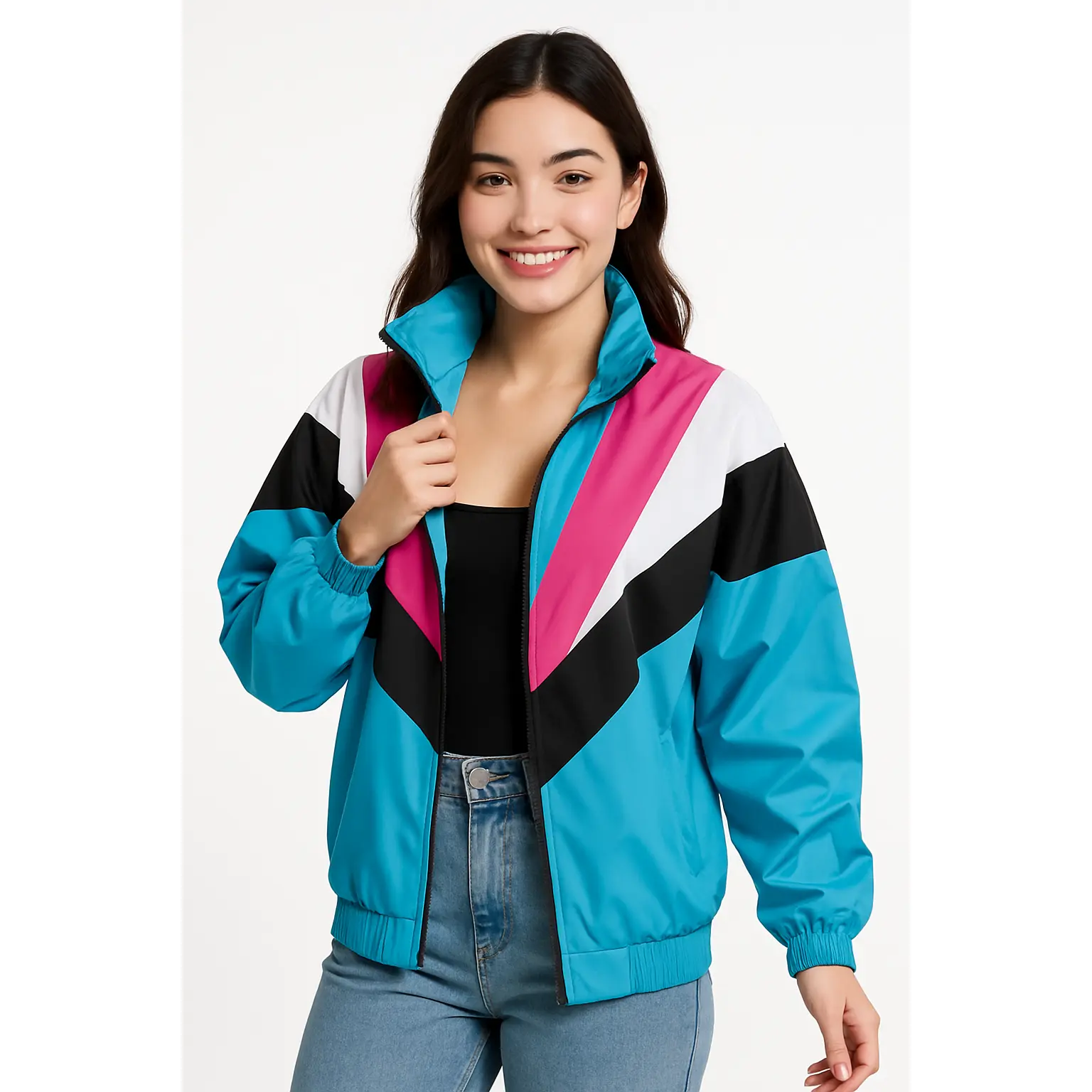 Retro 90s Windbreaker Jacket - Blue/Pink/White, One Size