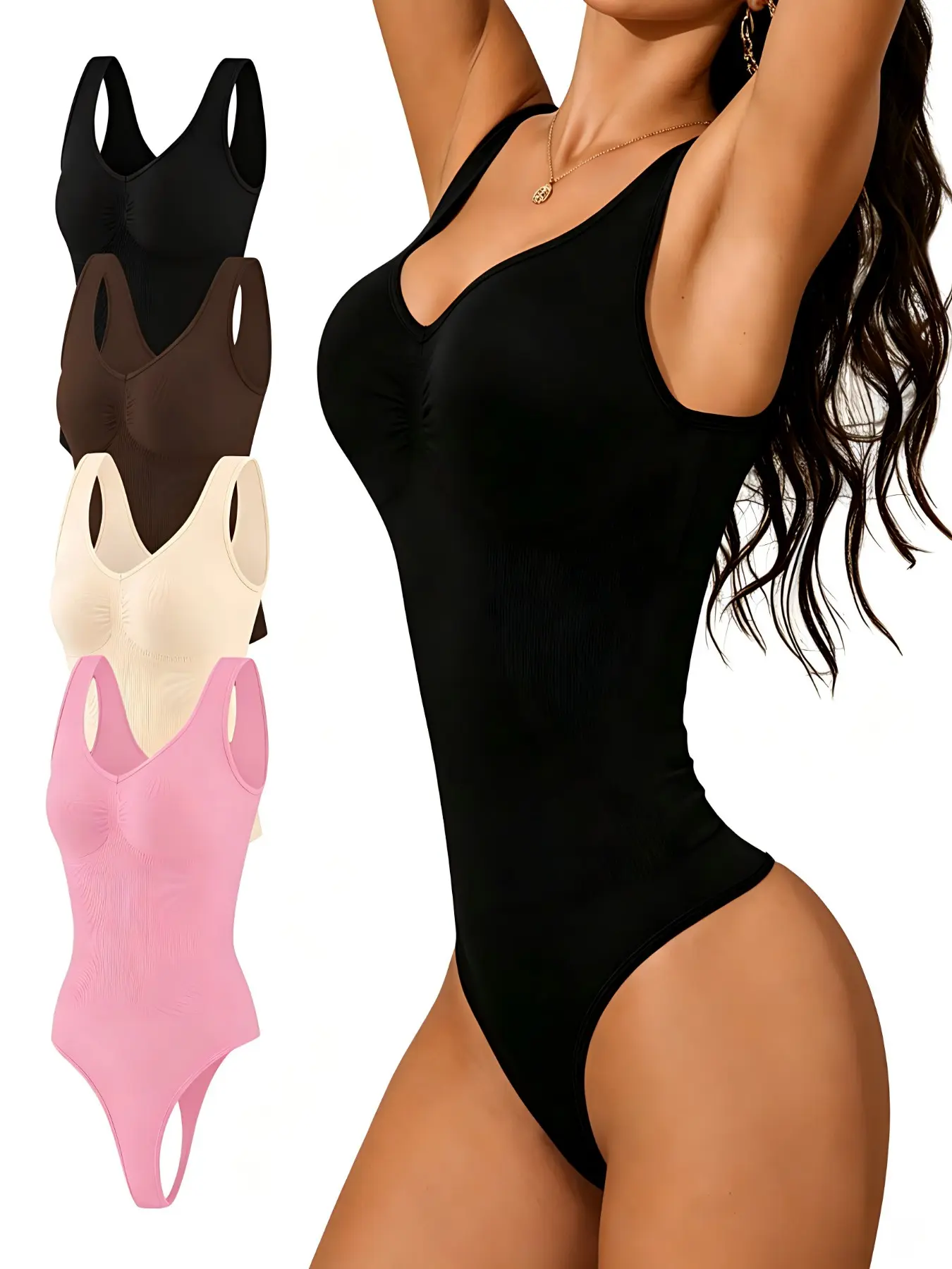 Women's Seamless Stretchable V-Neck Shapewear Bodysuit, Sleeveless Waist Cincher, Invisible Padded Shapewear, Full Body Tummy Control, Ribbed Bra