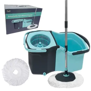 Dual Chamber Spin Mop & Bucket Set - Separated Clean/Dirty Water, No Wringing, with 2 Microfiber Heads