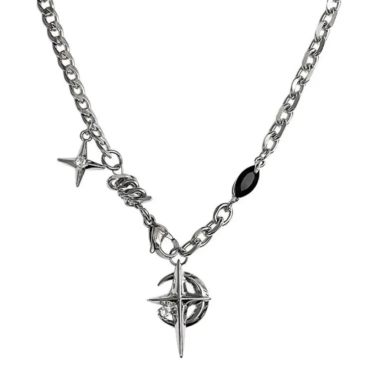 Titanium Steel Necklace with Black Sapphire Star Pendant, Hip-Hop Street Style Clavicle Chain, Unique High-End Design, Perfect Valentine's Day Gift"
