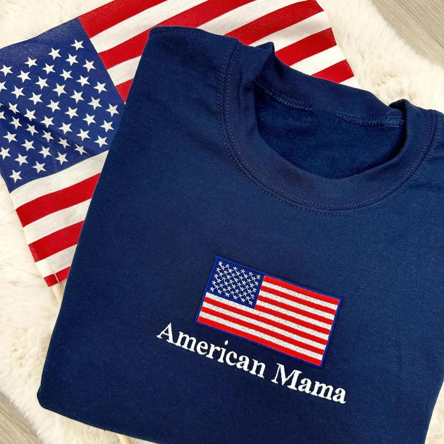 Women's Comfy Embroidered 'American Mama' USA Patriotic Flag Sweatshirt - Navy Hoodie, Perfect to Pair with Jeans for Beach Outings