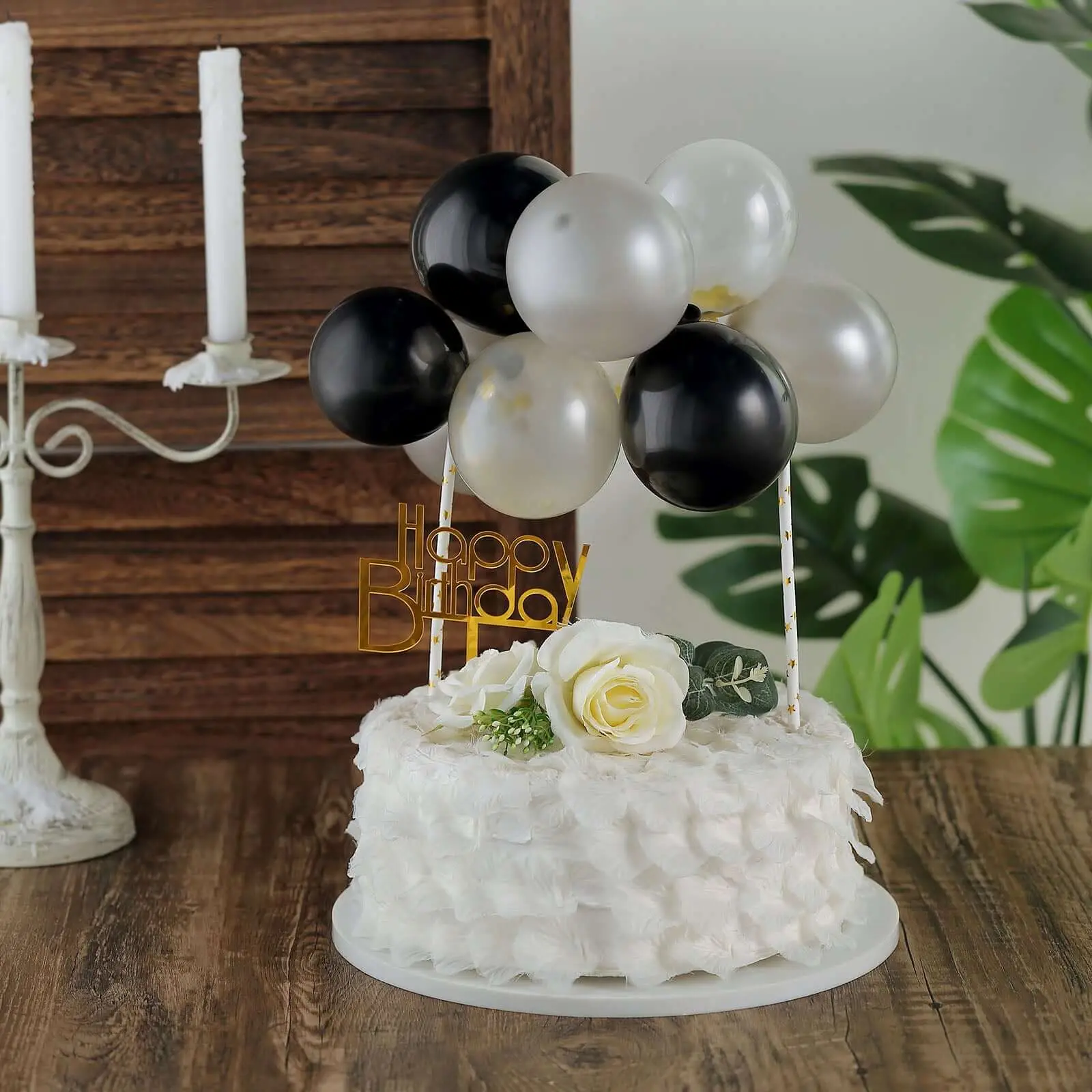 11 Pcs Confetti Balloon Cake Topper Kit Black, Silver and Clear - Vibrant Clustered Mini Garland Cake Inserts for DIY Party Decorations