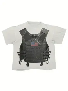 FEEGO Men's Light Gray Tactical Vest & USA Flag Graphic T-Shirt Edgy Streetwear Casual Tee giftideas Distressed Armor Print Oversized Top for Daily Wear & Trendy Patriotic Gifts graphic tee shirt Vibrant Crew Neck good  tees
