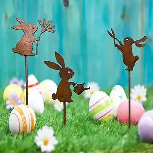 3-Piece Rabbit Metal Garden Stakes, Rustic Animal Decorative Poles, Easter Art Sculptures for Lawn & Yard, Outdoor Home Garden Accessories