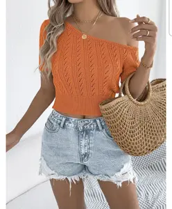 2026 Spring Summer Casual Off Shoulder Hollow-Out Cable-Knit Shot Sleeve Top