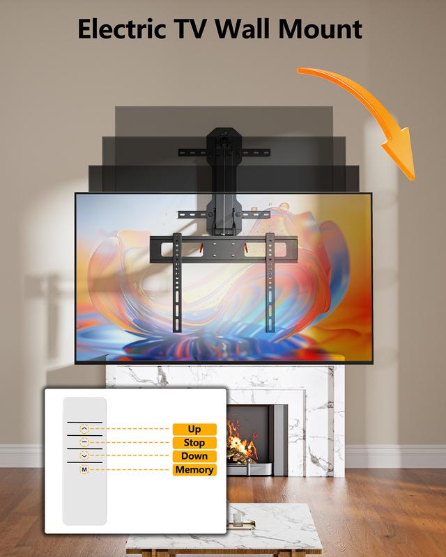FORGING MOUNT Motorized Fireplace TV Wall Mount with Remote, Electric Full Motion TV Mount for 32″-85″ Flat/Curved TVs up to 88 lbs, Flip Pull Down TV Bracket for Flat Roof, Max VESA 600x400mm