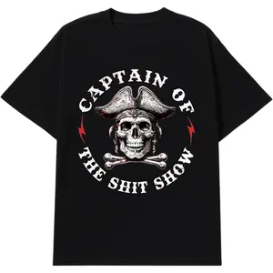 Captain Of The Shit Show Funny Skull Graphic Tee Streetwear Pirate Oversized T-Shirt Men Women Gifts Fall Outfits Vintage Print