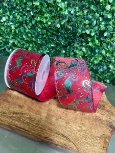 2.5 Inch By 10 Yard Peacock Swirls On Red Background Ribbon