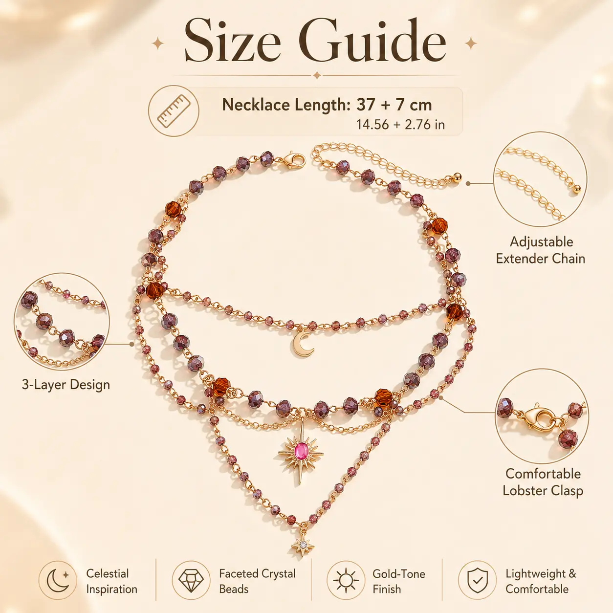 Boho Celestial Layered Necklace for Women, 3-Layer Gold Tone Design with Crystal Sun, Moon & Star Charms, Adjustable 37 + 7 cm Chain, 3-Layer Design