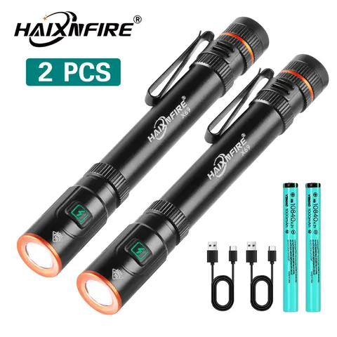 HaixnFire 2 Pack LED Pen Flashlight Mini Waterproof, Lightweight Rechargeable Type-C USB, Bright 6-Mode Aluminum Alloy Portable Light with Clip for Inspection, Outdoor Work & Emergency.