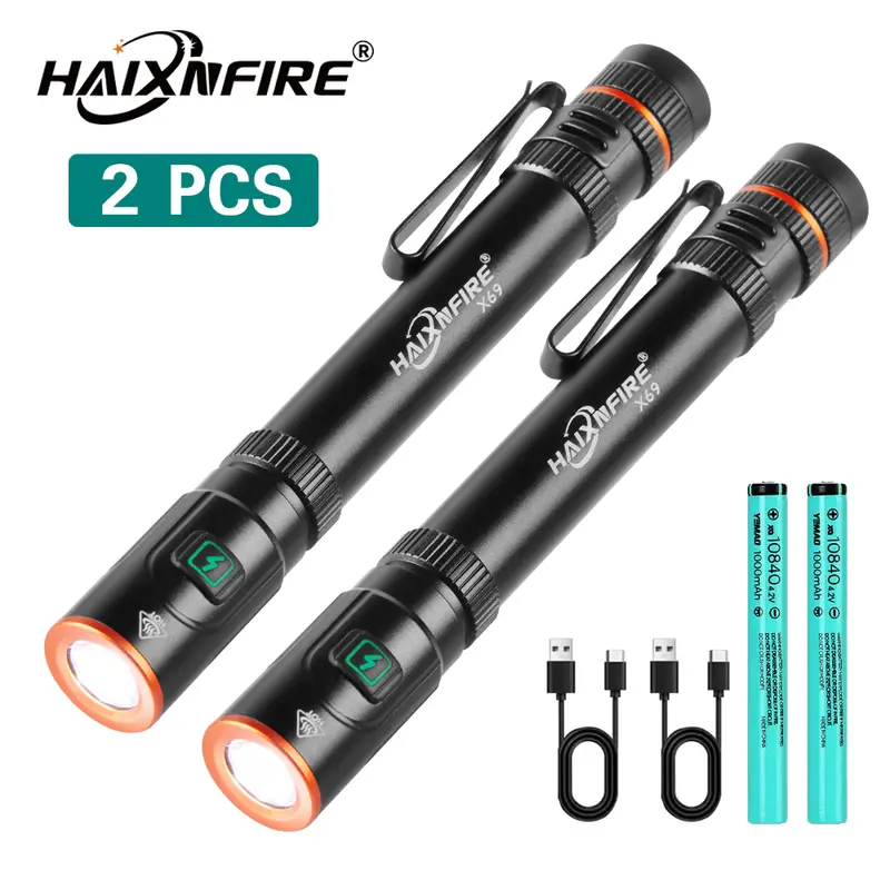 HaixnFire 2 Pack LED Pen Flashlight Mini Waterproof, Lightweight Rechargeable Type-C USB, Bright 6-Mode Aluminum Alloy Portable Light with Clip for Inspection, Outdoor Work & Emergency.
