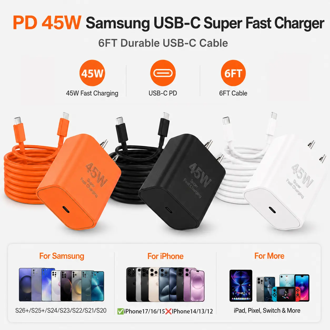 PD 45W Samsung USB-C Super Fast Charger, Wall charger with a 6-ft USB-C cable cord , durable USB-C charging cable, compatible for Samsung Ultra16/S26+/S25+/S25/S24/S23/S23+/S22/S22+/S21 Ultra/S20, for iPhone 17Pro Max/16Pro Max, and others Electronic Port