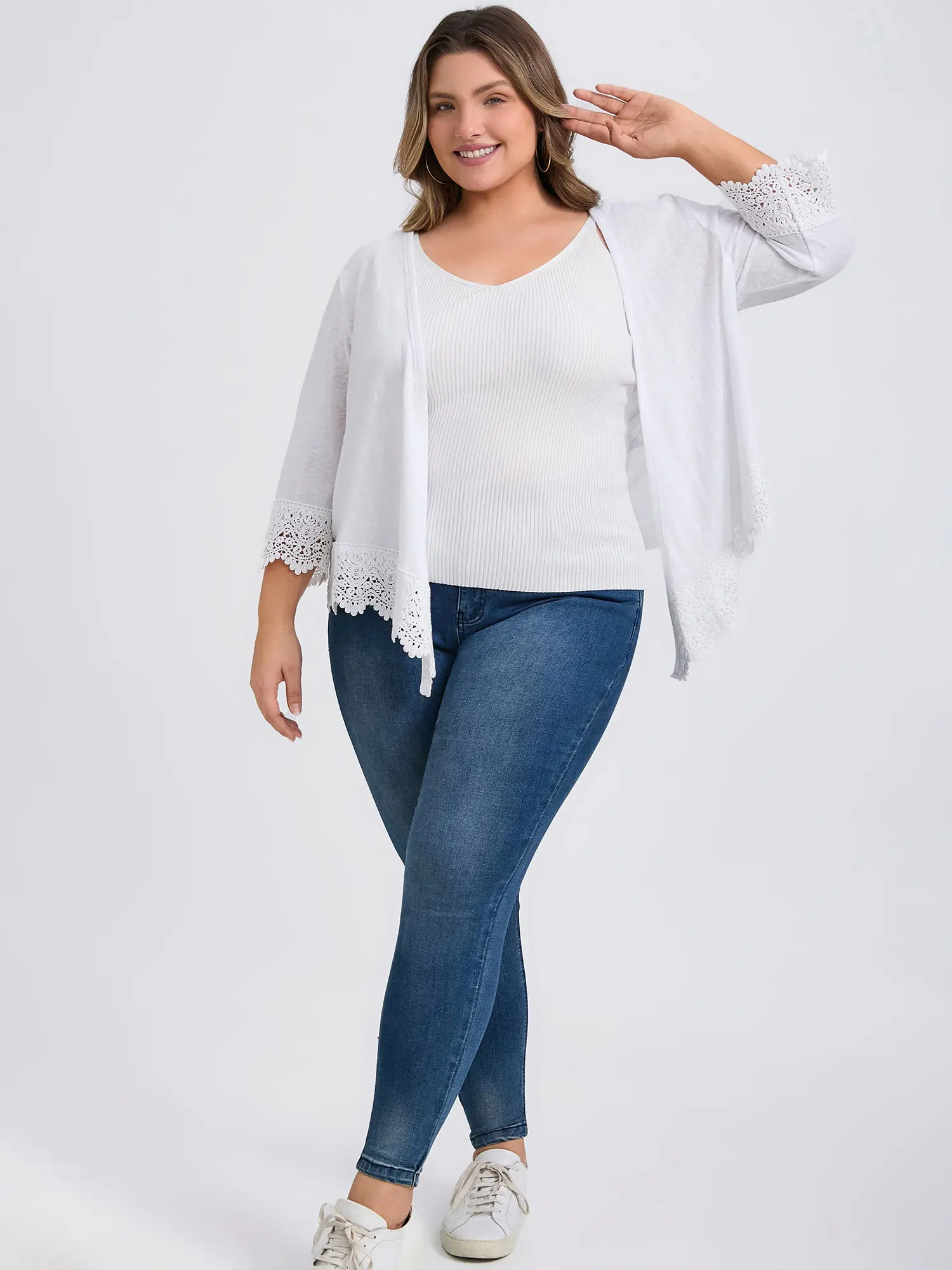 GRACE & GRANDEUR Women's Plus Size Cardigan Open Front Cover Up Lace Trim Waterfall Shrug 3/4 Sleeve High Low Hem Knit Cardigans