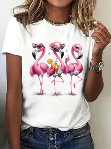 [100% Cotton] Y2K Tropical Flamingo Print T-shirt - Casual summer beach party outfit, suitable for all seasons. Flamingo and palm tree pattern casual wear.  A318