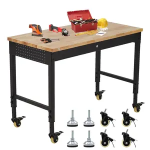 48"X24" Adjustable Rolling Workbench, with Power Outlets, Wheels, 2000 LBS Load Capacity Heavy-Duty Workstation, Wooden Tool Bench for Garage or Workshop