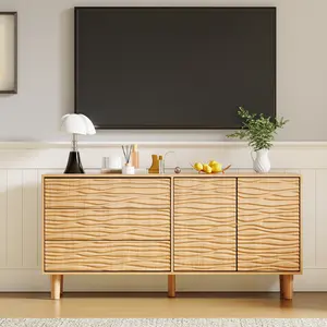 61" Mid Century Modern Buffet Cabinet with Storage,Fluted Sideboard Cabinet with 3 Drawers, 2 Doors and Adjustable Shelf, Multi-Purpose Accent Console Table for Dining Room & Living Room