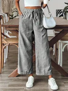 Lightweight Wide Leg Long Stripe Woven Pants Designed for Women, High Waist Loose Fit, Perfect for Casual, Home, Travel, Work and Everyday Wear