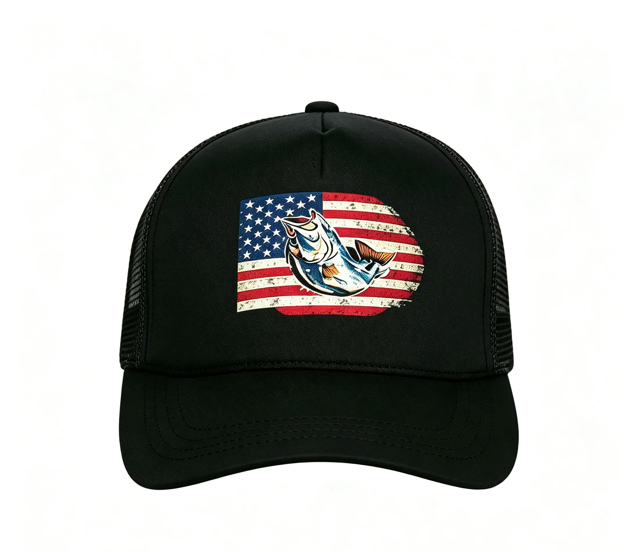 American Flag Fishing Print Trucker Hat, Vintage USA Flag & Fish Mesh Back Cap, Adjustable Snapback Patriotic Outdoor Baseball Cap for Men & Women, Lake & River Fishing Headwear
