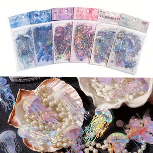 Ocean Dream Series 120pcs Holographic Jellyfish Stickers Resin Self-Adhesive Glitter Decals for Scrapbooking Laptops Notebooks Phone Cases Space Theme Cartoon Patterns Shimmery Finish Irregular Shapes