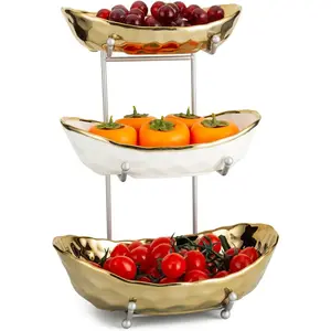 Fruit Bowl for Counter, 3 Tier Serving with Stand, Fruit Basket Stand Fruit Serving Tray Set for Vegetable, Candy Snack Dessert Cake (Gold)