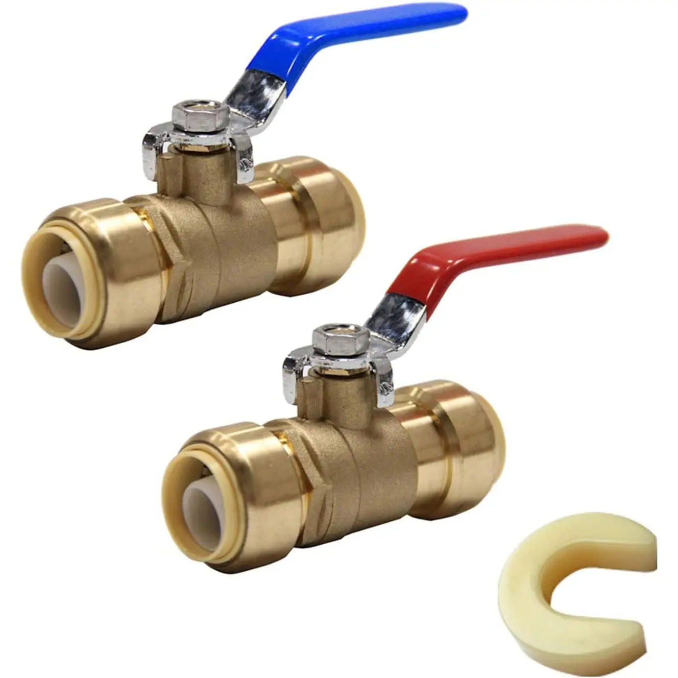 (2 Pieces) 1/2 inch Forged Brass Push-Fit Full Port Ball Valve, UPC Certified with Leak-Free Seal, Disconnect Clip for Hot/Cold Water, Connects PEX, Copper & CPVC Pipes