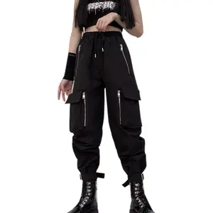 Black Cargo Pants Women Loose Chained Pants Multi-Pocket Multi-Zip Punk Goth Pants