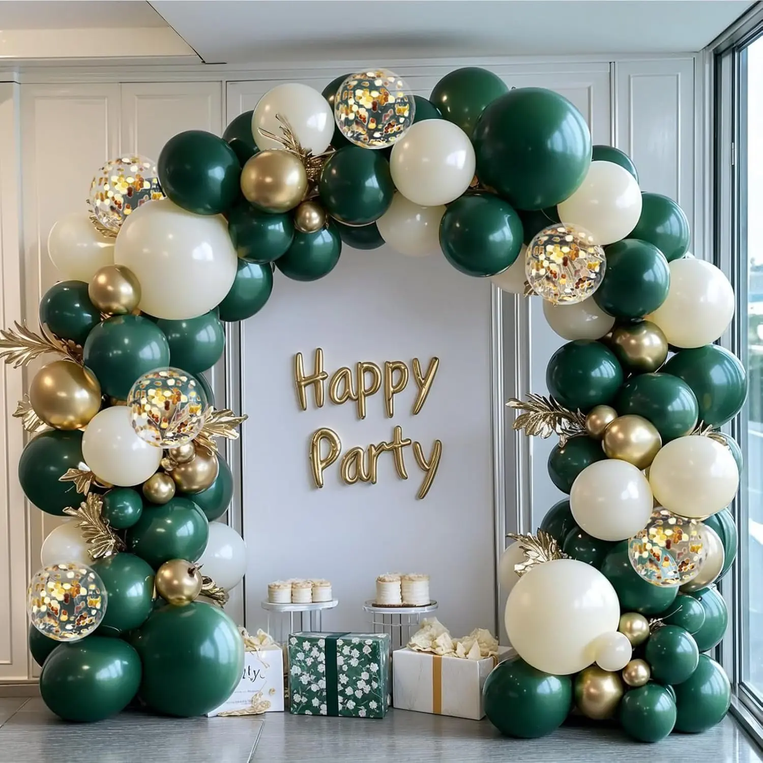 Green and  Balloons Arch Kit, Double Stuffed Dark Hunter Forest Green  Sand White Metallic  Balloons for Wedding First Communion Birthday Graduation Party Decorations