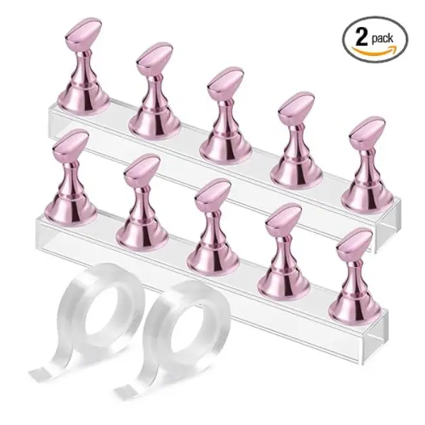 Acrylic Nail Stand for Press On Nails, Magnetic Nail Art Display Practice Holder with 5 Nail Tips Stands & Double Sided Adhesive Tabs Reusable Nail Painting Display Stand for DIY Manicure Salon Supplies Pink