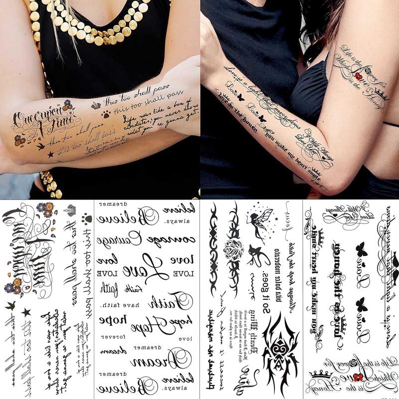 18 Sheets Black Inspired Quotes Temporary Tattoos For Women Kids Children Long Lasting Letter Alphabet Words Fake Tattoo Stickers Birds Cross ECG