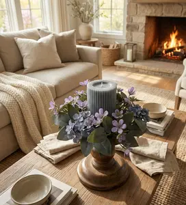 Purple Floral Candle Ring 9 Inch Farmhouse Wreath Centerpiece Spring Table Decor